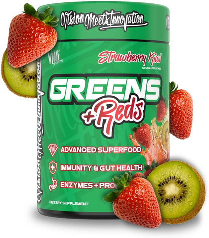 VMI Sports Greens + Reds Advanced Superfood - Immunity & Gut Health with Enzymes & Probiotics, 30 Servings (Raspberry Lemonade)