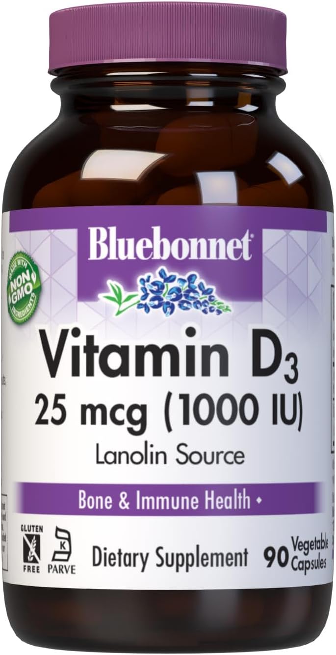Bluebonnet Nutrition Vitamin D3 1000 IU - Non-GM, Gluten-Free, Kosher Vegetable Capsules (90 Count) - görsel 1