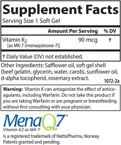 Carlson Vitamin K2 MK-7, 90 mcg, 120 Softgels – Bone Health & Calcium Utilisation