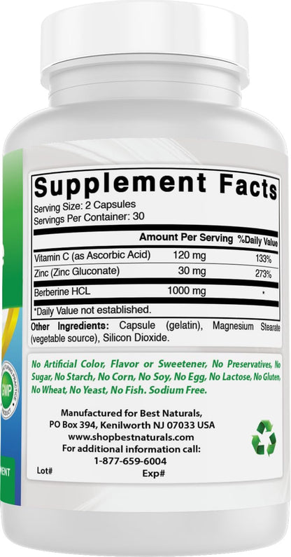 Best Naturals Berberine Plus – 1000mg Berberine HCl, 120mg Vitamin C, 30mg Zinc Gluconate – 60 Capsules