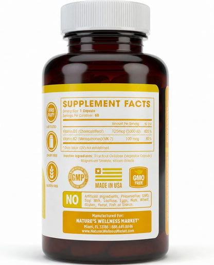 Vitamin D3 & K2 Supplement (5000 IU D3 + 100 mcg MK-7) – 60 Capsules