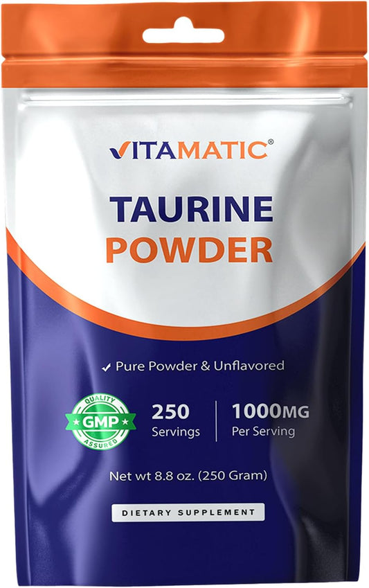 Vitamatic Pure Taurine 1000mg - 250 Servings, Non-GMO, Gluten-free