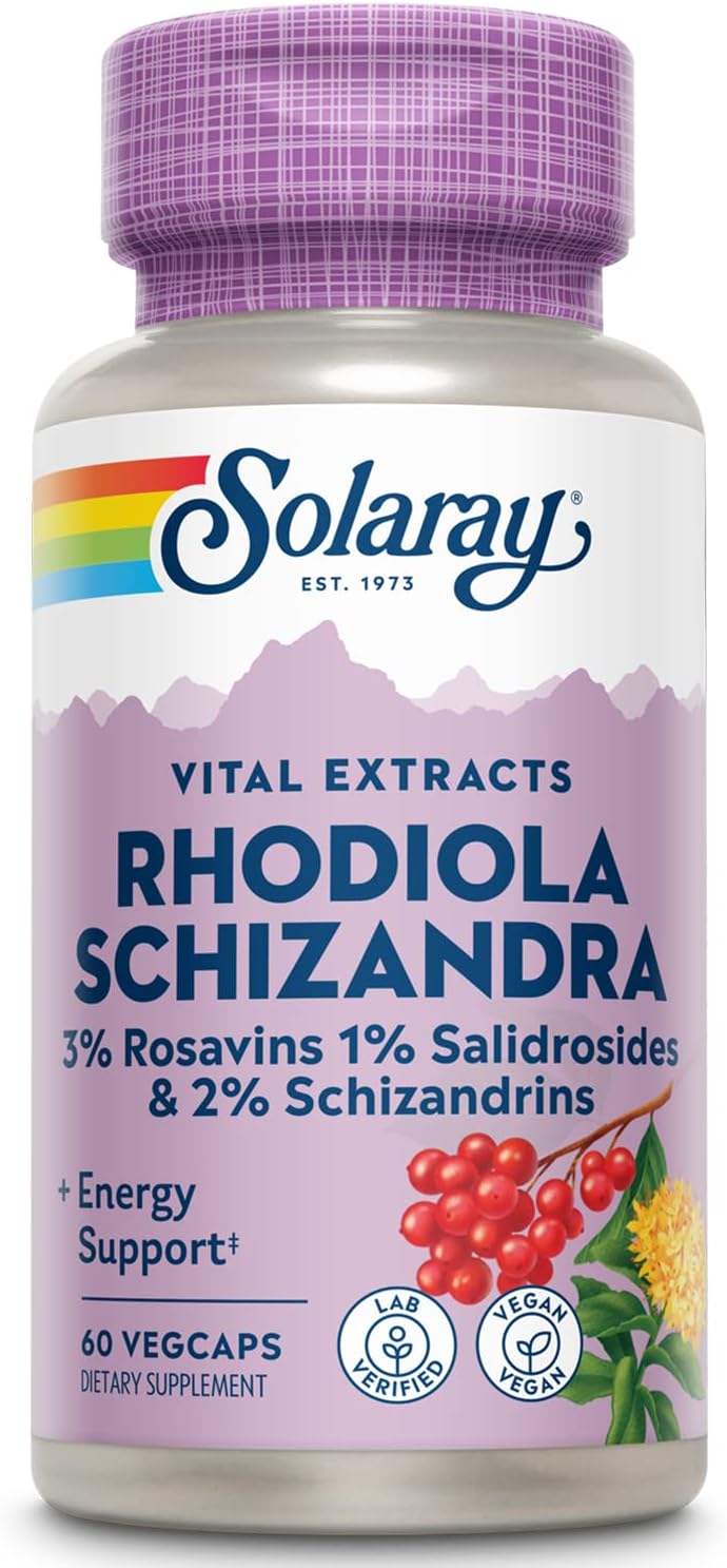 SOLARAY Rhodiola Schizandra - Rhodiola Rosea Extract - Energy Support and Occasional Stress Relief Food Supplement - Vegan, Lab Verified, 60-Day Guarantee - 60 Servings, 60 VegCaps - görsel 1