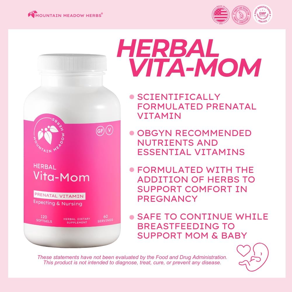 Mountain Meadow Herbal Vita-MOM Prenatal Vitamins – Herbal Food Supplement with 5-MTHF Folate, Iron & Organic Herbs – 120 Softgels (2-Month Supply) - görsel 2