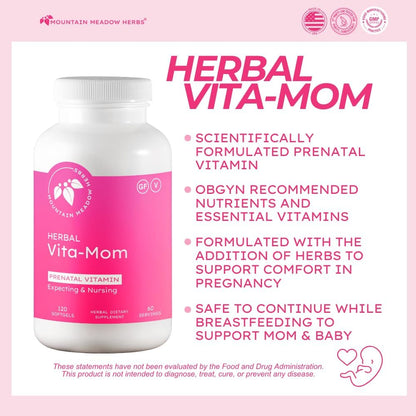 Mountain Meadow Herbal Vita-MOM Prenatal Vitamins – Herbal Food Supplement with 5-MTHF Folate, Iron & Organic Herbs – 120 Softgels (2-Month Supply)