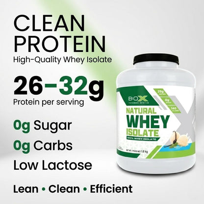 BioX Natural Whey Isolate - Unflavoured Whey Protein Isolate Powder - 32g Protein, Sugar Free, Carb Free, Low Lactose - 1.8kg