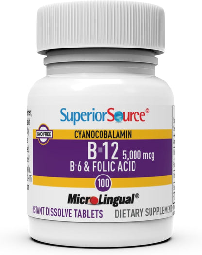 Superior Source No Shot Vitamin B-12 5000 mcg, B-6, Folic Acid - Sublingual Tablets for Energy and Nerve Function - 100 Count
