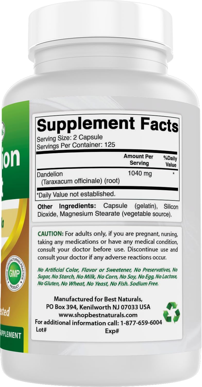 Best Naturals Dandelion Root 520 mg, 250 Capsules - görsel 6