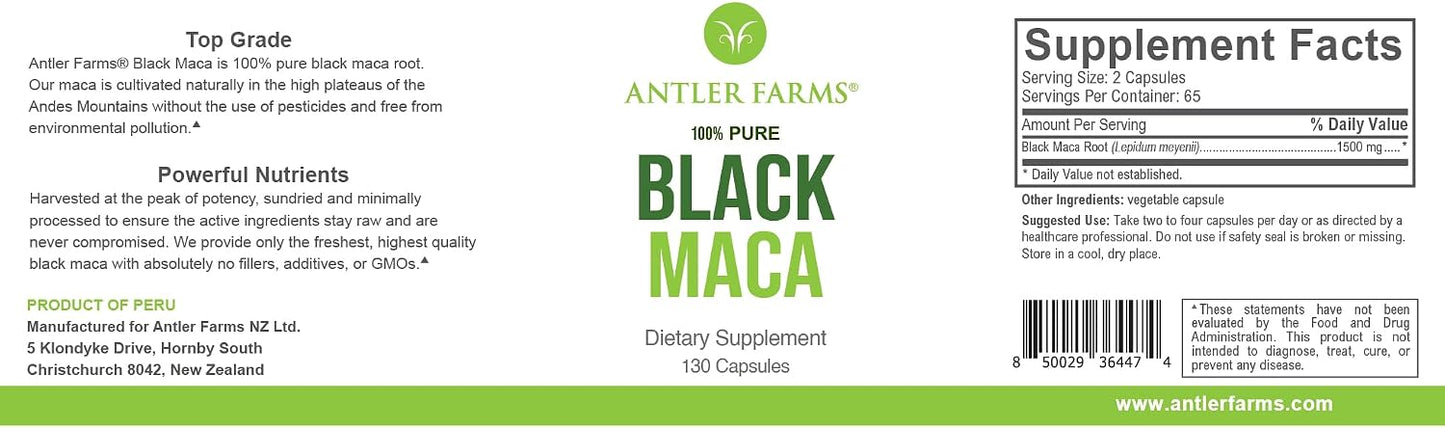 Antler Farms 100% Pure Black Maca Root – 130 Capsules, 1500 mg - görsel 1