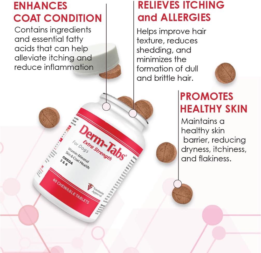 Derm-Tabs Extra Strength Skin & Coat Supplement for Dogs – Omega-3 & 6, Vitamins, Minerals & Antioxidants – 60 Chewable Tablets - görsel 1