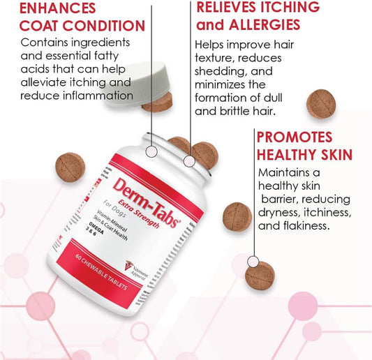 Derm-Tabs Extra Strength Skin & Coat Supplement for Dogs – Omega-3 & 6, Vitamins, Minerals & Antioxidants – 60 Chewable Tablets