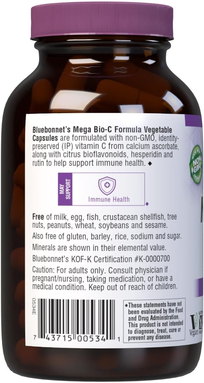 Bluebonnet Nutrition Mega Bio-C Formula – High Potency Buffered Vitamin C with Citrus Bioflavonoids and Rutin – 90 Vegetable Capsules - görsel 3