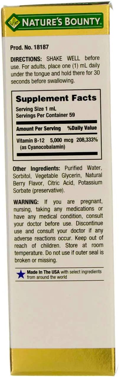 Nature's Bounty B-12 5000 mcg Sublingual Liquid Energy Health 60 ml (Pack of 4)