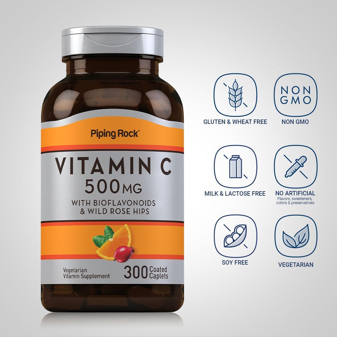 Piping Rock Vitamin C 500 mg with Rose Hips and Bioflavonoids, 300 Coated Caplets - görsel 3