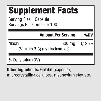 PureFormulas Niacinamide 500 mg - 100 Capsules, High Strength Vitamin B3 Supplement, Non-Flushing