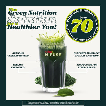 Saba N-Fuse Super Greens Powder – 50+ Superfoods, Probiotics and Digestive Enzymes for Gut Health and Energy, 30 Servings
