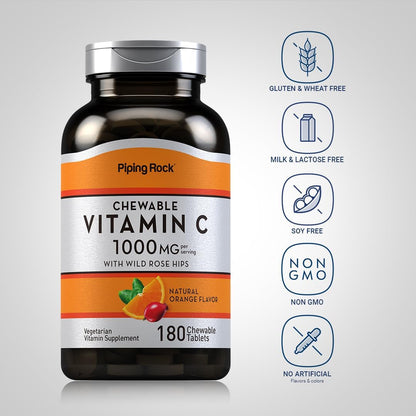 Piping Rock Vitamin C 1000mg Chewable Tablets with Rose Hips - Orange Flavour - 180 Count