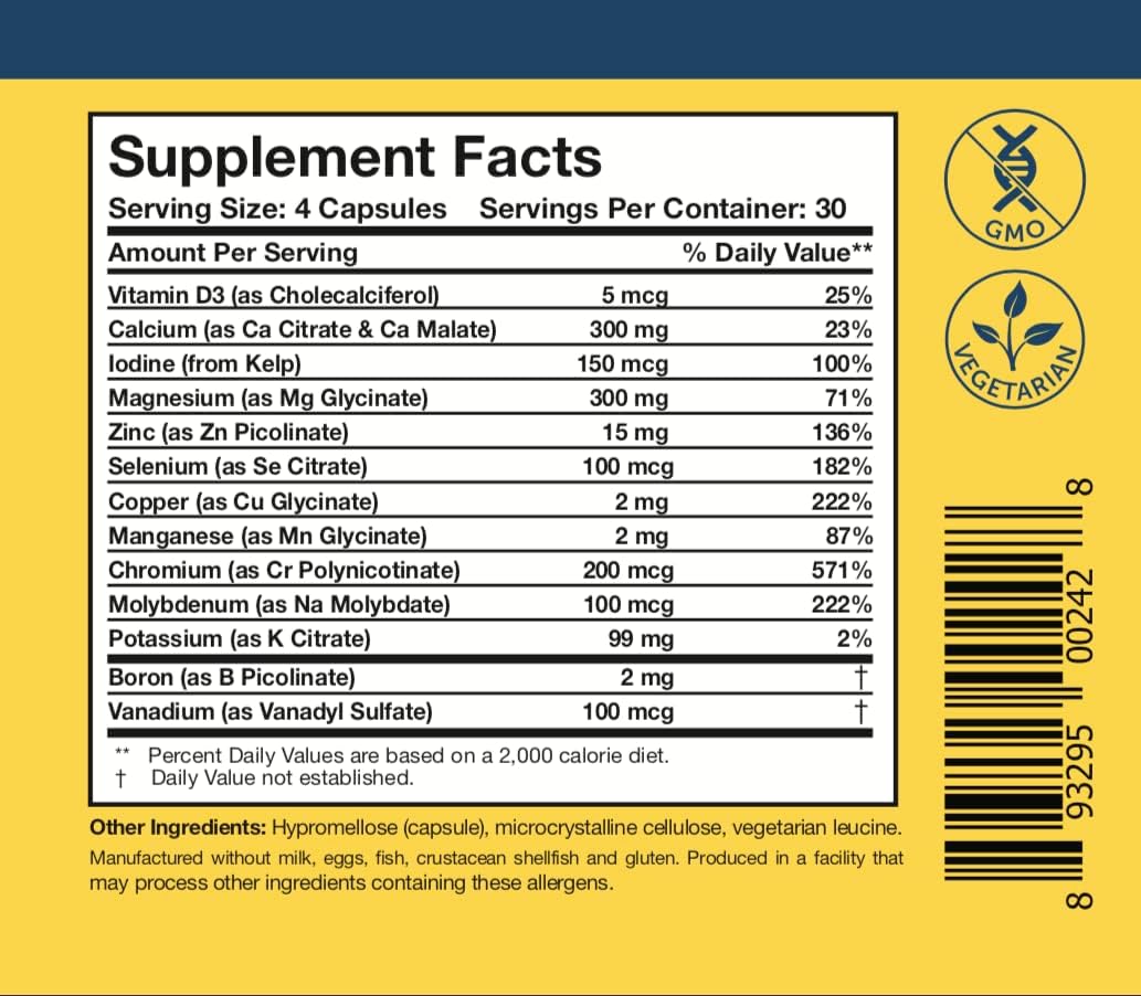 Researched Nutritionals Core Minerals - Daily Trace Minerals Food Supplement - Iron-Free Blend with Vitamin D3, Magnesium Glycinate and Iodine for Thyroid, Bone and Metabolic Support (120 Capsules) - görsel 5