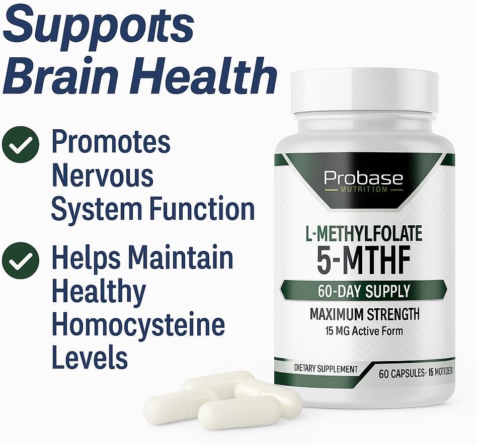 Probase Nutrition Professional Strength L-Methyl Folate 15mg - Active 5-MTHF Form - 60 Capsules - görsel 9