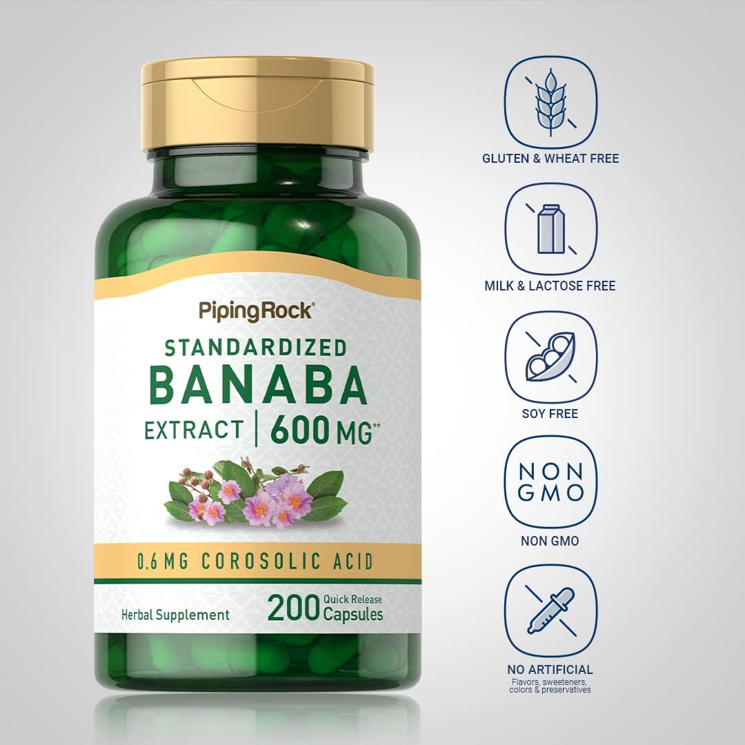 Piping Rock Banaba Leaf Extract Capsules - Standardised to 0.6 mg Corosolic Acid, Non-GM, Gluten-Free, 200 Quick-Release Capsules - görsel 3