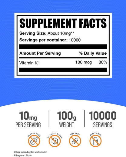 BulkSupplements.com Vitamin K1 Powder - Vitamin K1 Supplement for Bone Health & Normal Blood Clotting - Gluten-free, 10mg per Serving, 100g