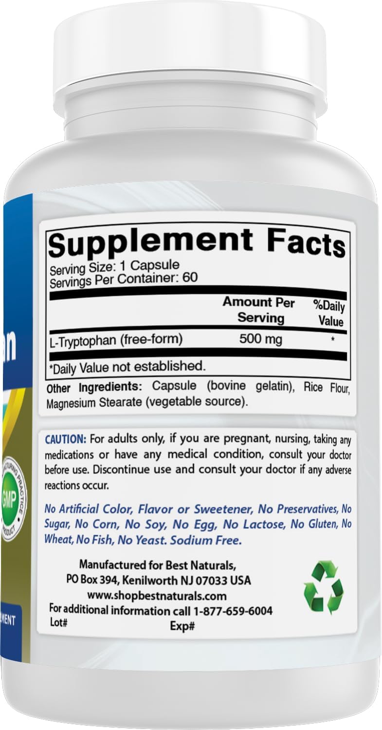 Best Naturals L-Tryptophan 500 mg - 60 Capsules (Pack of 3) - görsel 6