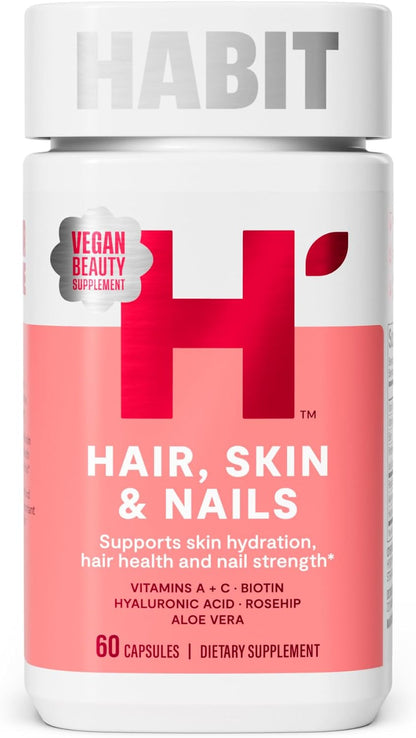 Habit Hair, Skin & Nails Supplement Twin Pack (120 Capsules) - New Look, Supports Skin Hydration, Hair & Nail Strength, Biotin 2000mcg, Vitamin A & C, Hyaluronic Acid, Rosehip, Vegan, Non-GMO