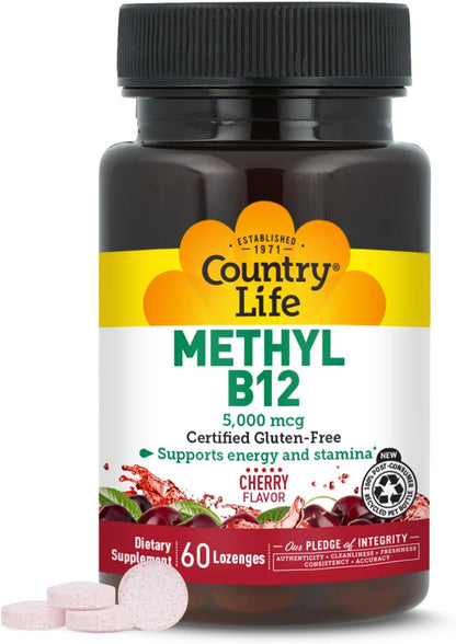 Country Life Methyl B12, Contributes to Energy and Stamina, 5,000mcg, 60 Lozenges, Gluten-free, Vegan, Non-GM Verified