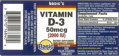 Natural Vitamin D-3 2000 IU - 200 Film-Coated Tablets, Pack of 2