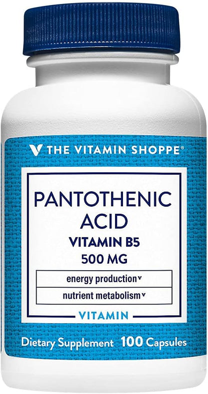 Pantothenic Acid 500mg Vitamin B5 – Energy Metabolism & Skin Health – 100 Capsules