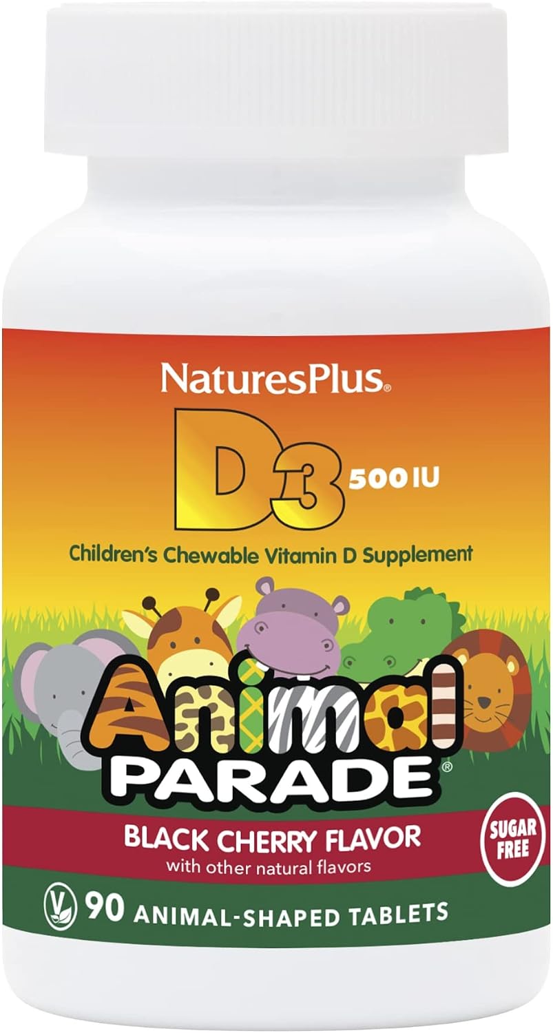 Natures Plus Animal Parade Sugar-Free Children's Vitamin D3 - 500 IU - Black Cherry Flavour - 90 Chewable Animal Shaped Tablets - görsel 1