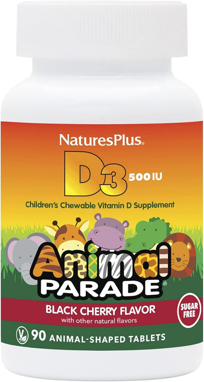 Natures Plus Animal Parade Sugar-Free Children's Vitamin D3 - 500 IU - Black Cherry Flavour - 90 Chewable Animal Shaped Tablets