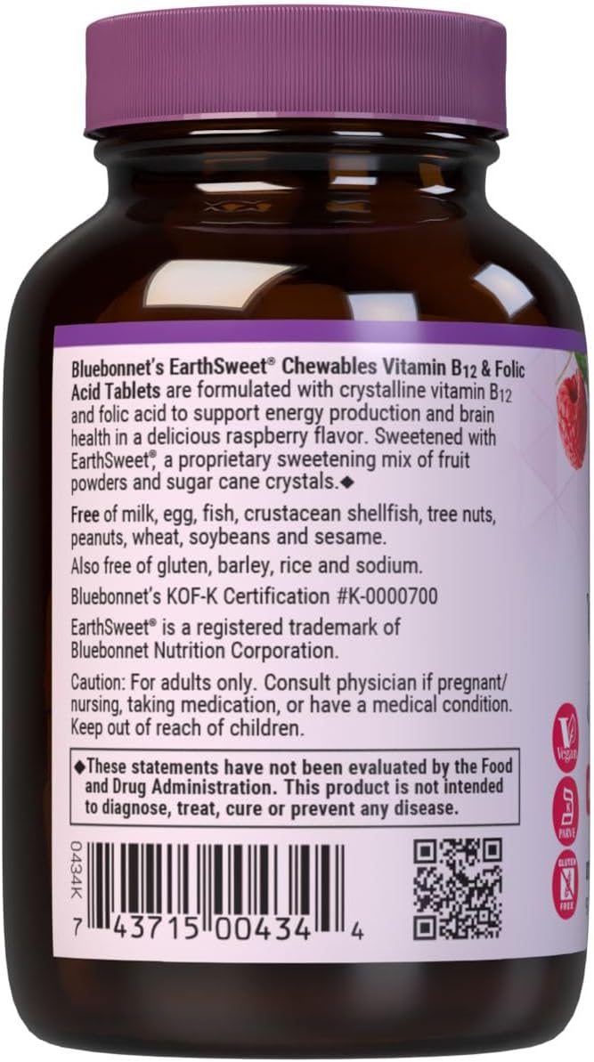 Bluebonnet Nutrition Earth Sweet Vitamin B12 & Folic Acid Chewable Tablets - Raspberry, 90 Tablets - görsel 3