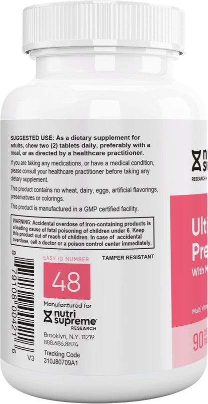 Nutri Supreme Prenatal Vitamin, Chewable Prenatal Vitamins for Women with Highly Absorbable Methyl Folate, Complete Prenatal Multivitamin with Iron, Kosher, Cherry Flavour, 90 Wafers