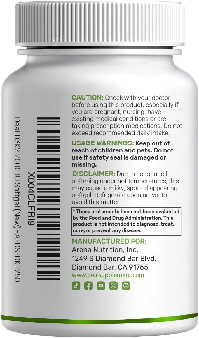 DEAL SUPPLEMENT Vitamin D3 2,000 IU + K2 MK7 50mcg Soft gel capsules with Virgin Coconut Oil - görsel 6