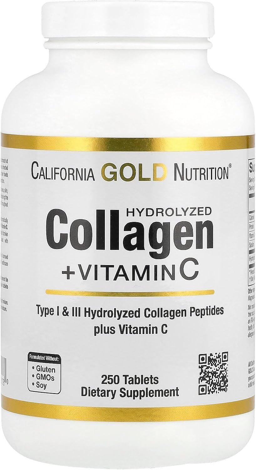 California Gold Nutrition, Hydrolysed Collagen Peptides, Type I & III, and Vitamin C, 250 Tablets - görsel 1