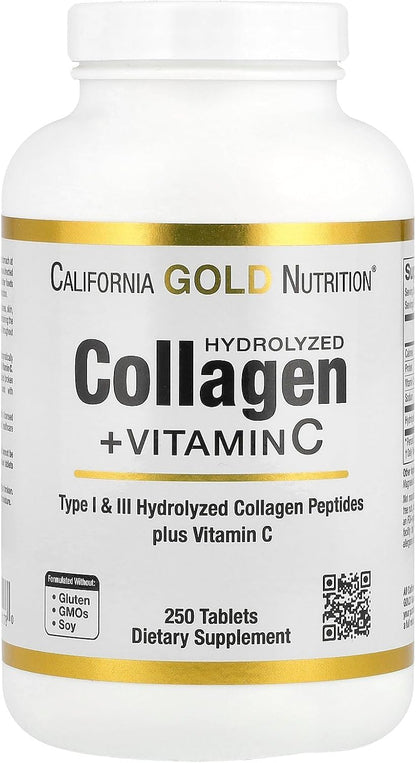 California Gold Nutrition, Hydrolysed Collagen Peptides, Type I & III, and Vitamin C, 250 Tablets