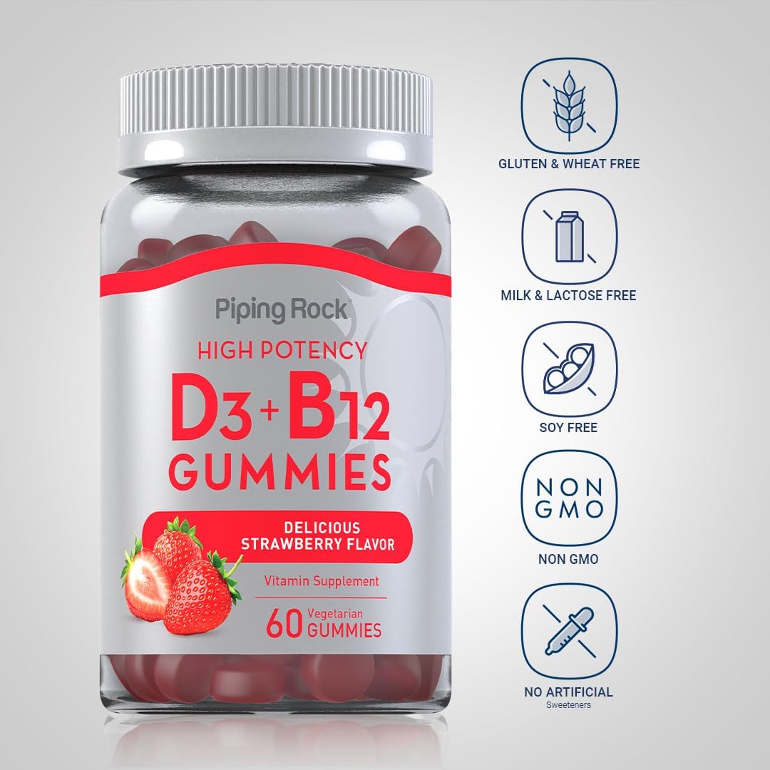 Piping Rock Vitamin D3 and B12 Gummies - High Potency, Strawberry Flavour, 60 Count - görsel 3