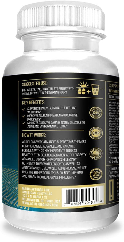 ACTIF Longevity Advanced Support - 20 Factors, Non-GMO, 2-Month Supply