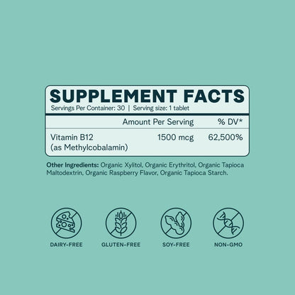 Ora Organic Vitamin B12 1500mcg - Plant-Based Methylcobalamin for Adults - Natural Stimulant-Free Energy, Raspberry Flavour Chewable Tablets, No Added Sugar - 30 Tablets
