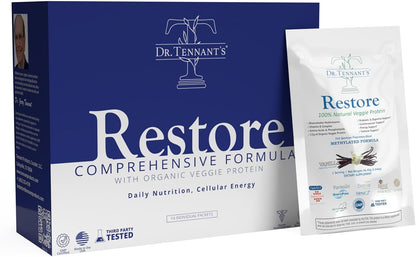 Dr. Tennant's Restore Vanilla Shake | 50+ Methylated Vitamins and Minerals | 23g Vegan Protein | Organic, Gluten-free | 14-Day All-in-One Supplement