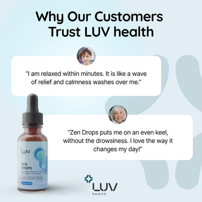 LUV Zen Drops: Food Supplement with Magnesium Glycinate, Vitamin D3, Lemon Balm, Chamomile, Saffron, L-Theanine – Vegan, Non-GMO, 30 Servings