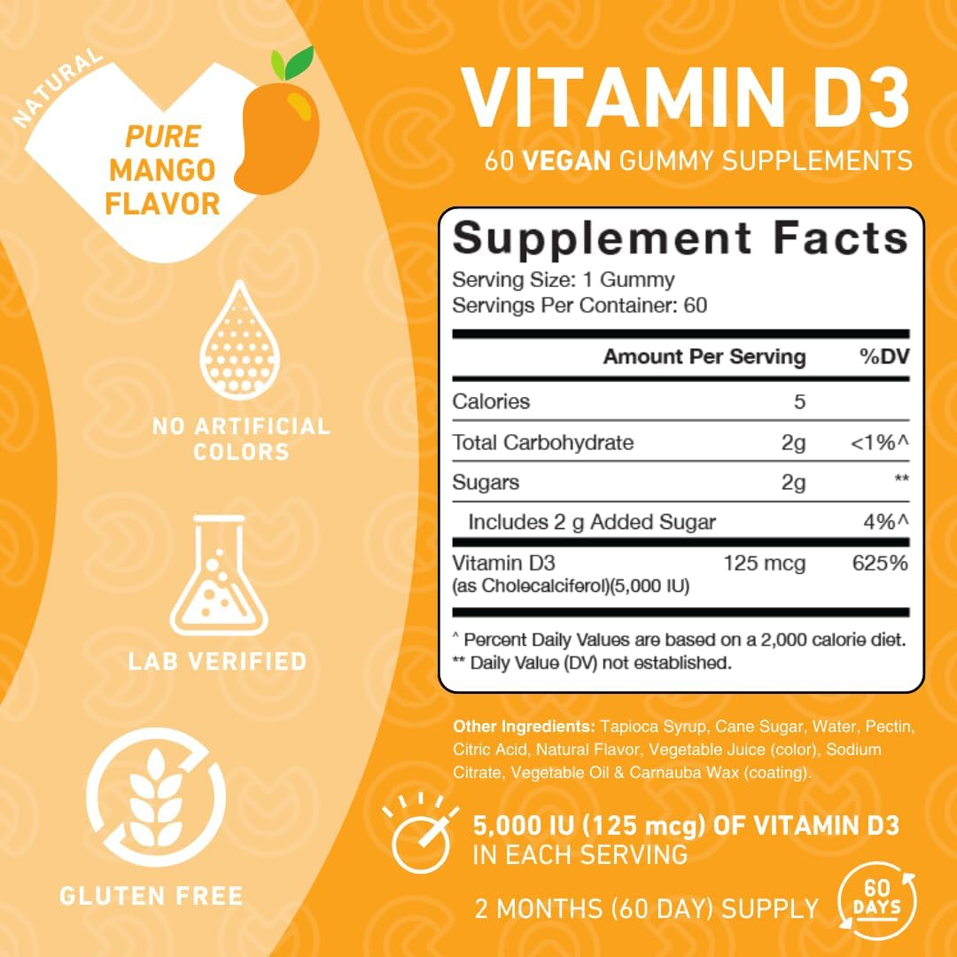 PUREFINITY Vitamin D3 5000 IU Gummies - Immune & Bone Health Support - 60 Veggie Gummies - görsel 2