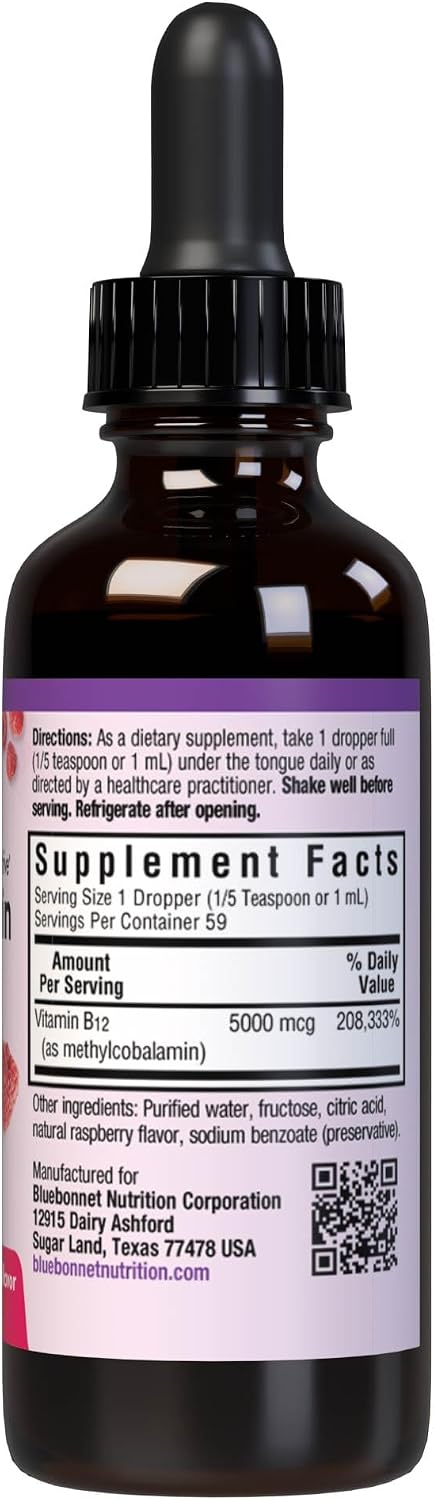 Bluebonnet Liquid Methylcobalamin Vitamin B12 5000 mcg - Active Coenzyme B12 Drops, Vegan, Gluten-Free, Raspberry Flavour, 59 ml - görsel 7