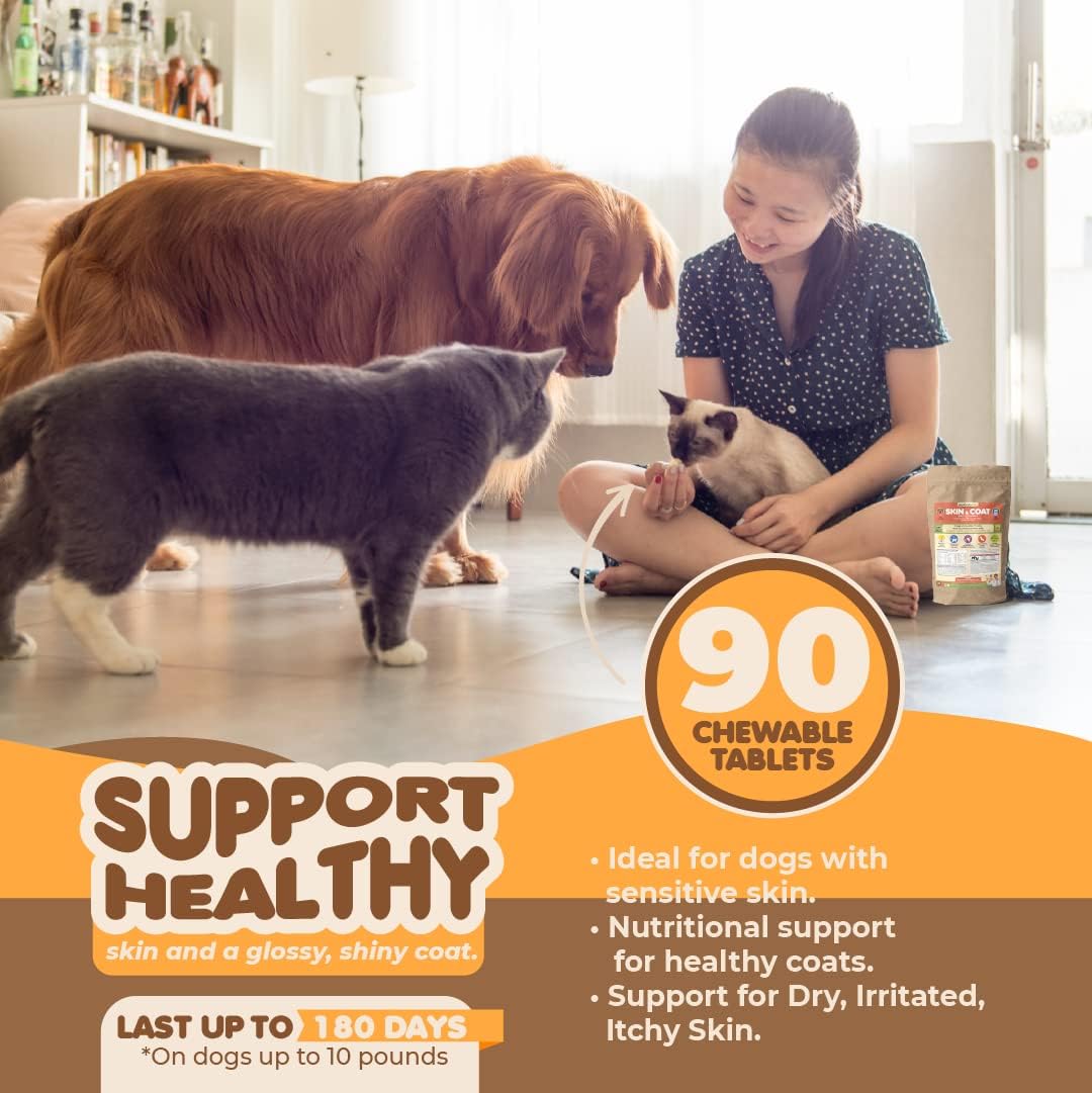 Skin and Coat Supplement with Fish Oil and Omega 3 for Dogs and Cats - Dog Itch Relief Pet Supplement for Shedding, Dry Itchy Skin and Allergies - Dog Allergy Treatment Vitamins (90 Tabs) - görsel 4