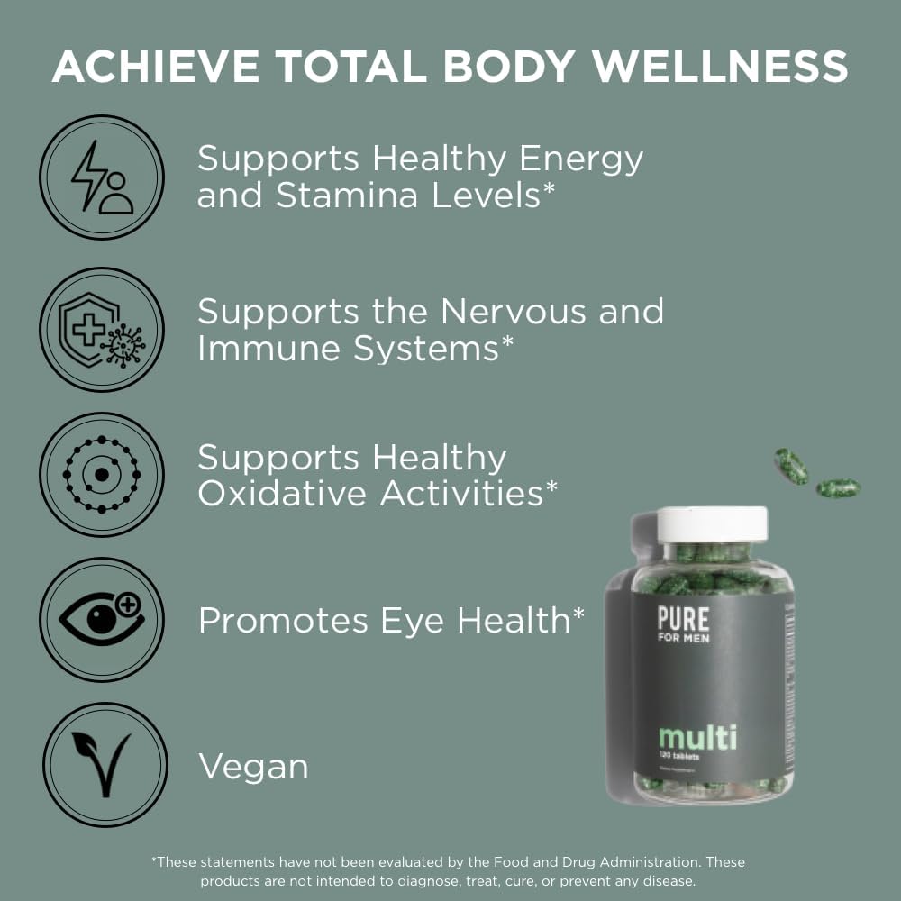 Pure for Men Multivitamin Supplement for Men: Energy, Mood & Bone Support with 42 Fruits & Vegetables, 120 Vegan Tablets - görsel 5
