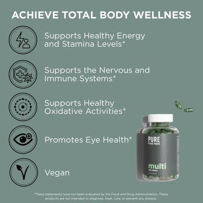 Pure for Men Multivitamin Supplement for Men: Energy, Mood & Bone Support with 42 Fruits & Vegetables, 120 Vegan Tablets