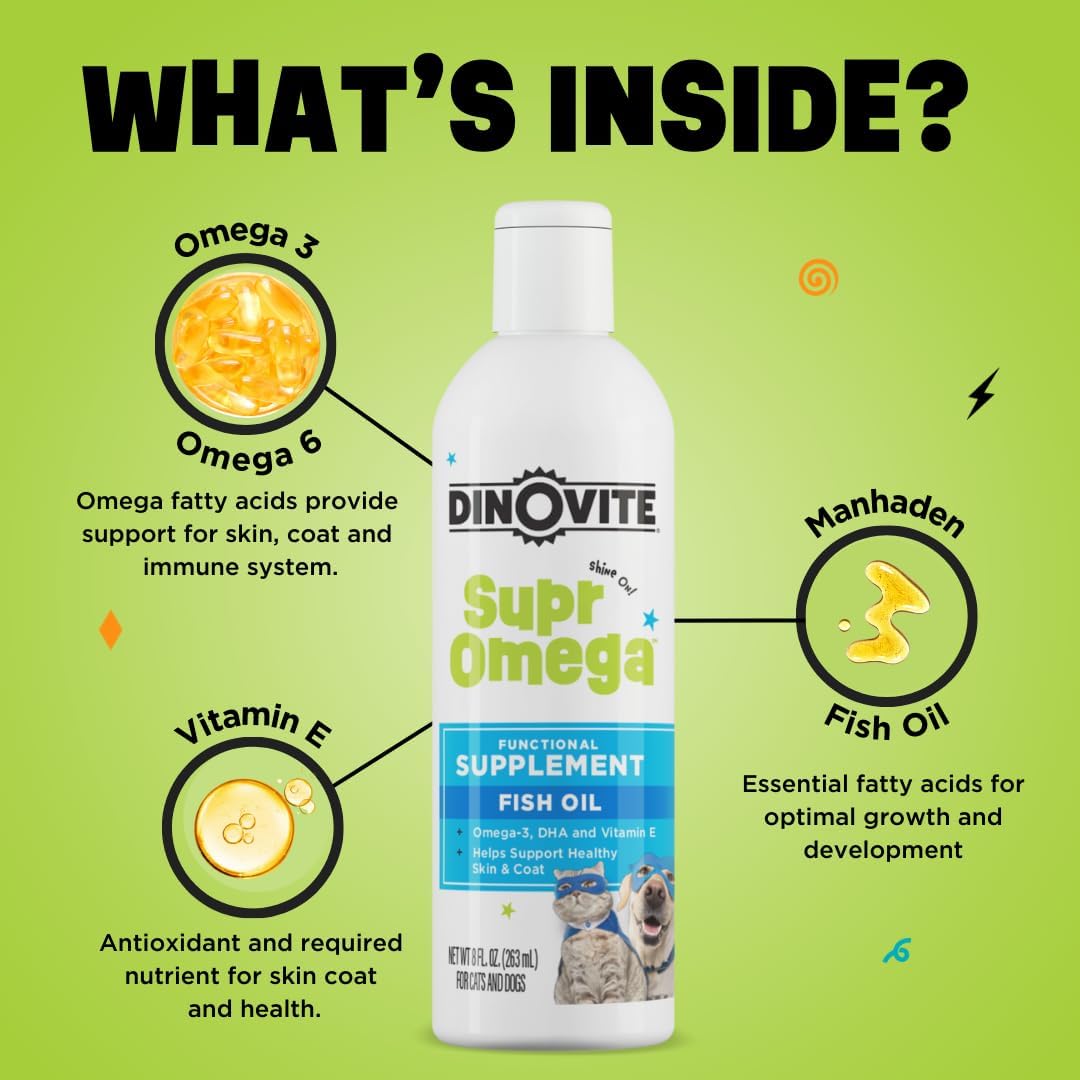 Dinovite SuprOmega Fish Oil for Dogs & Cats – Vitamin E & Omega-3 Meal Topper – Skin & Coat Health – 237 ml - görsel 3