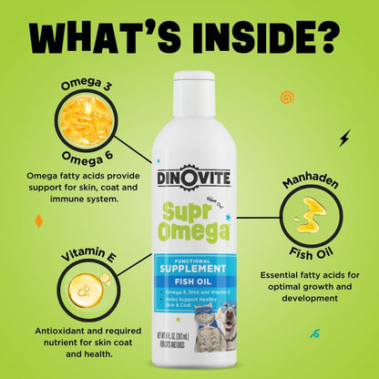 Dinovite SuprOmega Fish Oil for Dogs & Cats – Vitamin E & Omega-3 Meal Topper – Skin & Coat Health – 237 ml