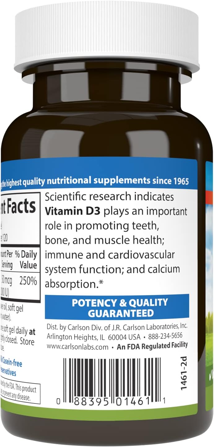 Carlson Vitamin D3 2000 IU (50 mcg) Soft Gels – Immune & Bone Support, 120 Soft Gels - görsel 3